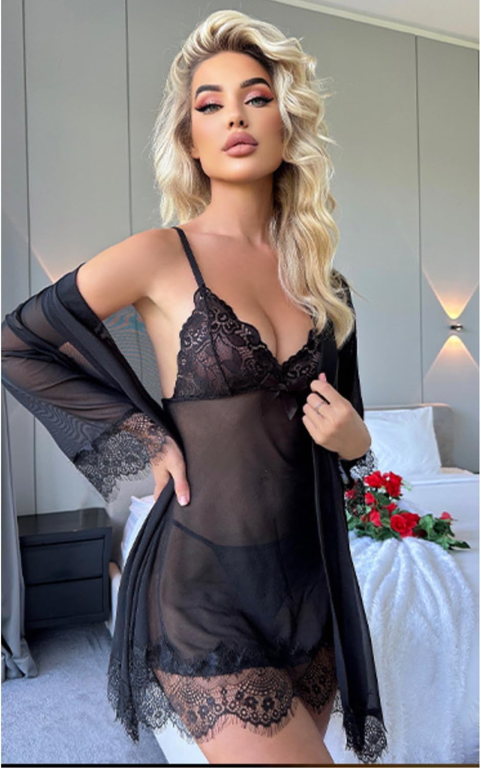 TOZAHIDA Women’s Sexy Lace Lingerie Set for Women– Sheer 3-Piece Babydoll Dress with Floral Lace Mesh Kimono Robe and Matching Thong, Bridal and Wedding Lingerie