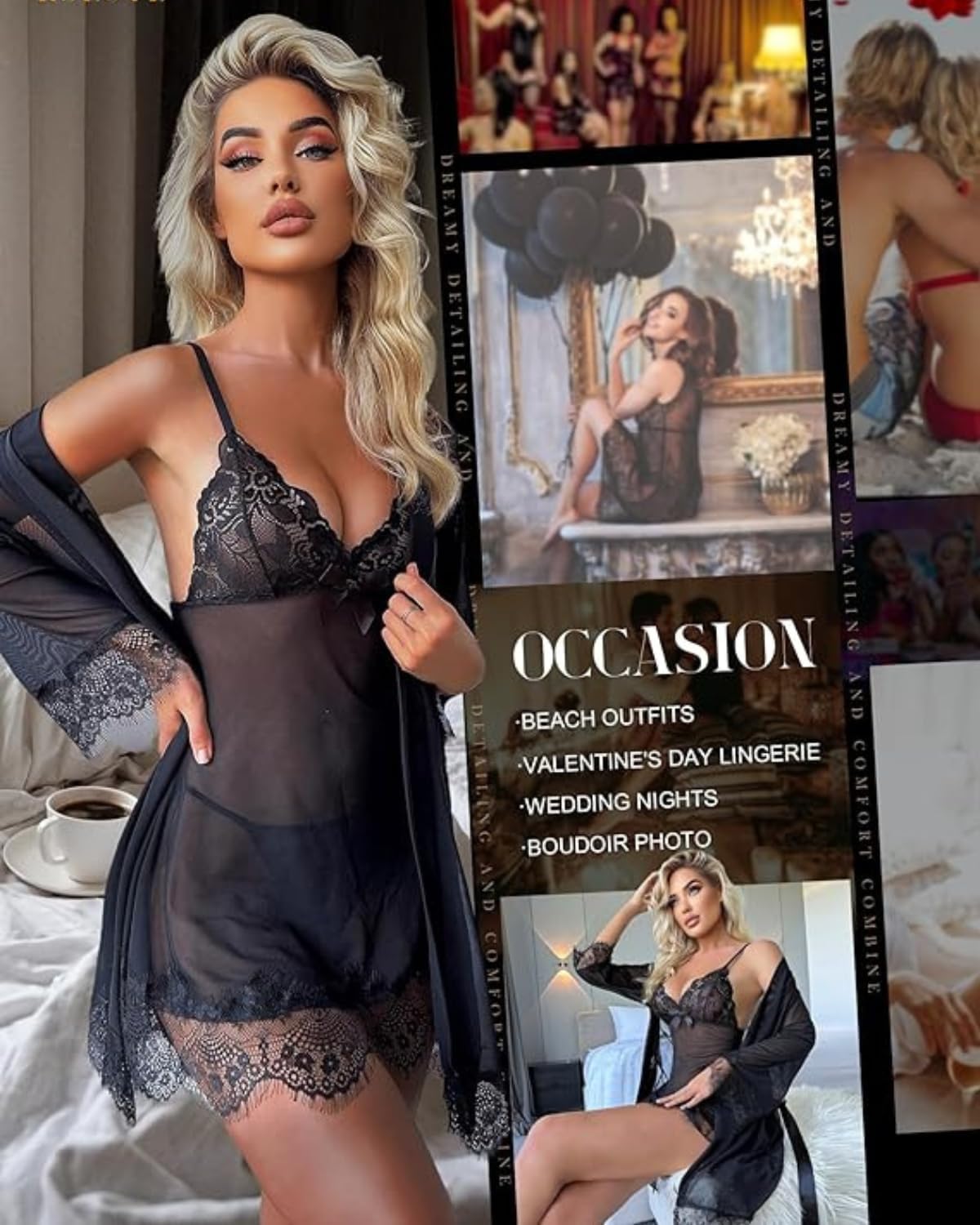 TOZAHIDA Women’s Sexy Lace Lingerie Set for Women– Sheer 3-Piece Babydoll Dress with Floral Lace Mesh Kimono Robe and Matching Thong, Bridal and Wedding Lingerie