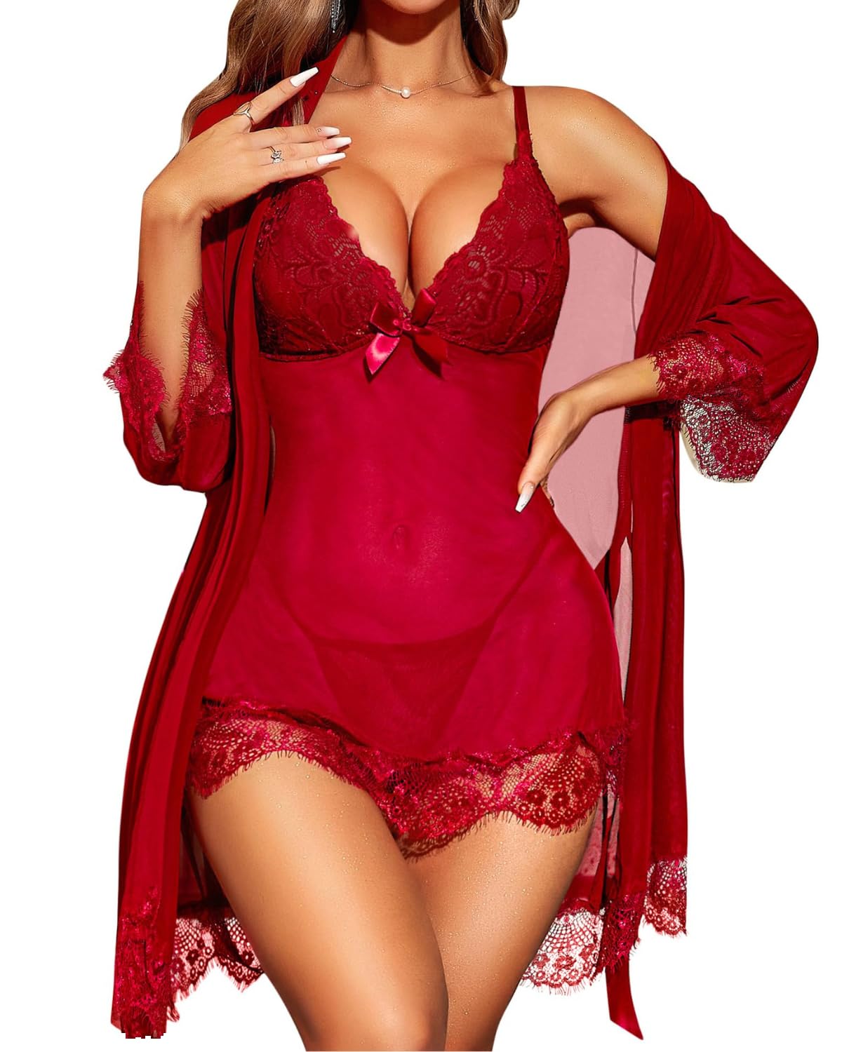 TOZAHIDA Women’s Sexy Lace Lingerie Set for Women– Sheer 3-Piece Babydoll Dress with Floral Lace Mesh Kimono Robe and Matching Thong, Bridal and Wedding Lingerie